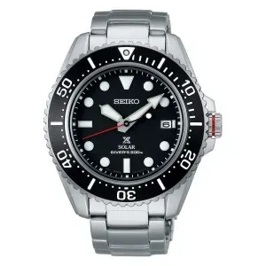 Ανδρικό ρολόι SEIKO SNE589P1 Prospex Divers Solar από ανοξείδωτο ατσάλι με μαύρο καντράν και ασημί μπρασελέ.