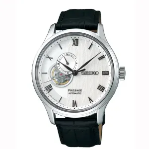 Ανδρικό ρολόι SEIKO SSA379J1 Presage Cocktail Automatic από ανοξείδωτο ατσάλι με λευκό καντράν και μαύρο δερμάτινο λουράκι.