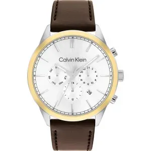 Ανδρικό Ρολόι CALVIN KLEIN 25200381 Infinite από ανοξείδωτο ατσάλι με ασημί καντράν και καφέ δερμάτινο λουράκι.