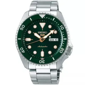 Ανδρικό ρολόι SEIKO 5 SRPD63K1 5 Sports Automatic από ανοξείδωτο ατσάλι με πράσινο καντράν και ασημί μπρασελέ.
