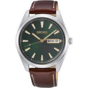 Ανδρικό ρολόι SEIKO SUR449P1F Essential Time από ανοξείδωτο ατσάλι με πράσινο καντράν και καφέ δερμάτινο λουράκι.