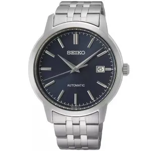 Ανδρικό ρολόι SEIKO SRPH87K1 Essential Time Automatic από ανοξείδωτο ατσάλι με μπλε καντράν και ασημί μπρασελέ.