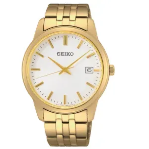 Ανδρικό ρολόι SEIKO SUR404P1 Essential Time από ανοξείδωτο ατσάλι με λευκό καντράν και χρυσό μπρασελέ.