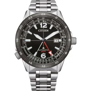 Ανδρικό Ρολόι CITIZEN NB6046-59E Promaster Automatic GMT από ανοξείδωτο ατσάλι με μαύρο καντράν και ασημί μπρασελέ.