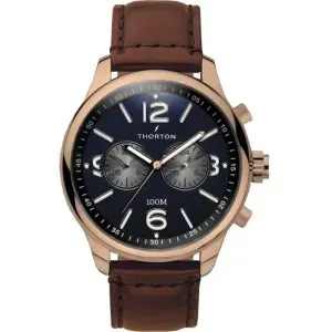 Ανδρικό ρολόι THORTON 9206151 Ragnar II Dual Time από ανοξείδωτο ατσάλι με μπλε καντράν και καφέ δερμάτινο λουράκι.