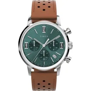 Ανδρικό ρολόι TIMEX TW2W10100 Marlin Chronograph από ανοξείδωτο ατσάλι με πράσινο καντράν και καφέ δερμάτινο λουράκι.