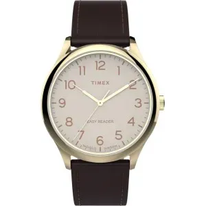 Ανδρικό ρολόι TIMEX TW2V28100 Easy Reader με μπεζ καντράν και καφέ δερμάτινο λουράκι.