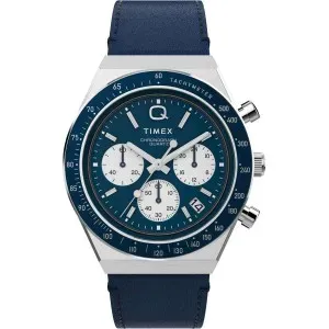 Ανδρικό ρολόι Q Timex TW2W51700 Tachymeter από ανοξείδωτο ατσάλι με μπλε καντράν και μπλε δερμάτινο λουράκι.