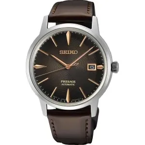 Ανδρικό ρολόι SEIKO SRPJ17J1 Presage Cocktail Time The Irish Coffee Automatic με καφέ καντράν και καφέ δερμάτινο λουράκι.