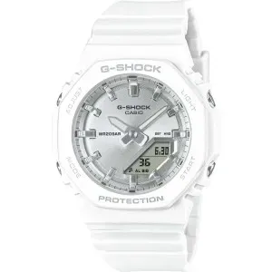 Γυναικείο ρολόι G-SHOCK GMA-P2100VA-7AER Chronograph με ασημί καντράν και λευκό λουράκι βιολογικής προέλευσης.