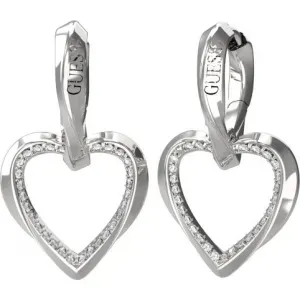 GUESS STEEL MON AMOUR JUBE04617JWRHT U Ασημένιοι Κρίκοι Με Κρεμαστές Καρδιές Με Πέτρες Και Λογότυπο