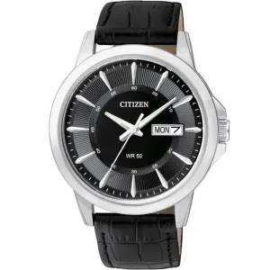 Ανδρικό ρολόι CITIZEN BF2011-01EE Classic από ανοξείδωτο ατσάλι με μαύρο καντράν και μαύρο δερμάτινο λουράκι.