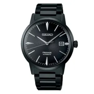 Ανδρικό ρολόι SEIKO SRPJ15J1 Presage Automatic από ανοξείδωτο ατσάλι με μαύρο καντράν και μαύρο μπρασελέ.