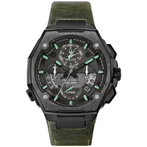 Ανδρικό ρολόι BULOVA 98B355 Precisionist X Chronograph Special Edition με μαύρο καντράν και πράσινο δερμάτινο λουράκι.