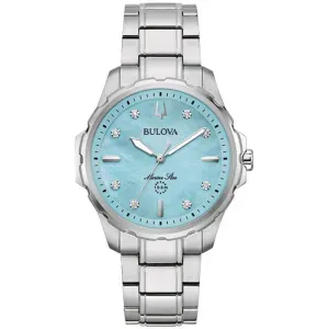 Γυναικείο ρολόι BULOVA 96P248 Marine Star Diamonds από ανοξείδωτο ατσάλι με γαλάζιο φίλντισι καντράν και ασημί μπρασελέ.