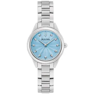 Γυναικείο ρολόι BULOVA 96P250 Sutton Diamonds από ανοξείδωτο ατσάλι με γαλάζιο καντράν και ασημί μπρασελέ.