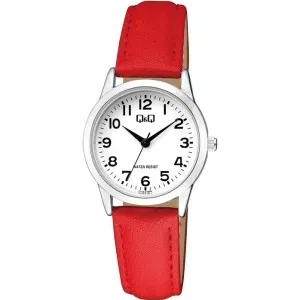 Γυναικείο ρολόι Q&Q C11A-019PY με λευκό καντράν και κόκκινο δερμάτινο λουράκι.