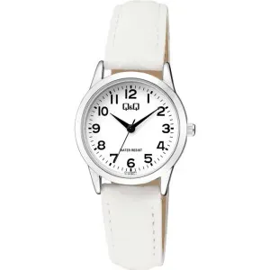 Γυναικείο ρολόι Q&Q C11A-020PY με λευκό καντράν και λευκό δερμάτινο λουράκι.