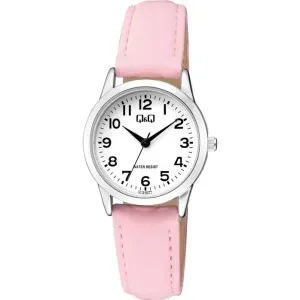 Γυναικείο ρολόι Q&Q C11A-021PY με λευκό καντράν και ροζ δερμάτινο λουράκι.