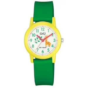Παιδικό ρολόι Q&Q V23AJ010VY με λευκό καντράν και πράσινο καουτσούκ λουράκι.