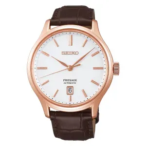 Ανδρικό ρολόι SEIKO SRPD42J1 Presage Automatic με λευκό καντράν και καφέ δερμάτινο λουράκι.