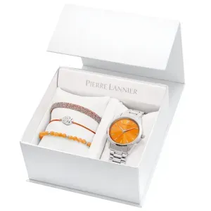 Γυναικείο ρολόι PIERRE LANNIER 376F651 Roxanne Gift Set από ανοξείδωτο ατσάλι με πορτοκαλί καντράν και ασημί μπρασελέ.