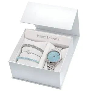 Γυναικείο ρολόι PIERRE LANNIER 376F661 Roxanne Gift Set από ανοξείδωτο ατσάλι με γαλάζιο καντράν και ασημί μπρασελέ.