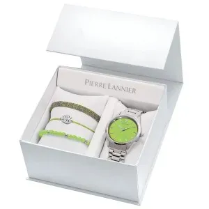 Γυναικείο ρολόι PIERRE LANNIER 376F671 Roxanne Gift Set από ανοξείδωτο ατσάλι με λαχανί καντράν και ασημί μπρασελέ.