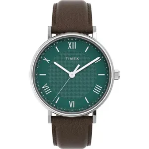 Ανδρικό ρολόι TIMEX TW2V91500 Dress Southview με πράσινο καντράν και καφέ δερμάτινο λουράκι.