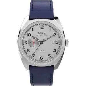 Ανδρικό ρολόι TIMEX TW2V61900 Marlin Automatic από ανοξείδωτο ατσα΄λι με ασημί καντράν και μπλε δερμάτινο λουράκι.