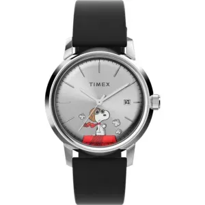 Ανδρικό ρολόι TIMEX TW2W49600 Marlin x Peanuts Snoopy Automatic με ασημί καντράν και μαύρο δερμάτινο λουράκι.