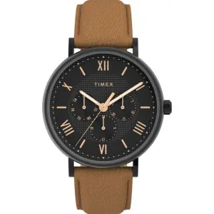 Ανδρικό ρολόι TIMEX TW2V91600 Southview από ανοξείδωτο ατσα΄λι με μαύρο καντράν και καφέ δερμάτινο λουράκι.