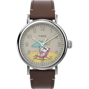 Ανδρικό ρολόι TIMEX TW2V61200 Standard x Peanuts με μπεζ καντράν και καφέ δερμάτινο λουράκι.