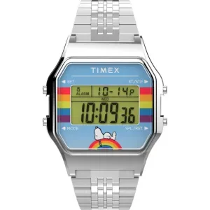 Ρολόι TIMEX TW2V61300 T80 x Peanuts με ψηφιακό καντράν και ασημί μπρασελέ.