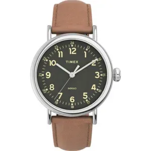 Ανδρικό ρολόι TIMEX TW2V27700 Waterbury Standard με πράσινο καντράν και καφέ δερμάτινο λουράκι.