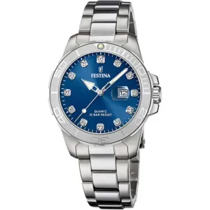 Γυναικείο ρολόι FESTINA F20503/6 Crystals από ανοξείδωτο ατσάλι με μπλε καντράν και ασημί μπρασελέ.