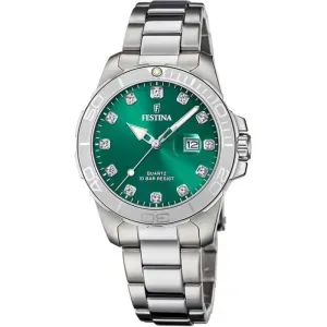 Γυναικείο ρολόι FESTINA F20503/7 Crystals από ανοξείδωτο ατσάλι με πράσινο καντράν και ασημί μπρασελέ.