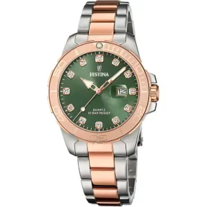 Γυναικείο Ρολόι Festina F20505/4 Crystals από ανοξείδωτο ατσάλι με πράσινο καντράν και ασημί-ροζ χρυσό μπρασελέ.