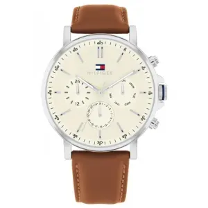 Ανδρικό ρολόι Tommy Hilfiger 1792143 Tyson από ανοξείδωτο ατσάλι με μπεζ καντράν και καφέ δερμάτινο λουράκι.