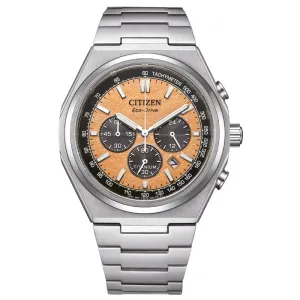 Ανδρικό ρολόι CITIZEN CA4610-85Z Eco Drive Ttitanium με πορτοκαλί καντράν και ασημί μπρασελέ.