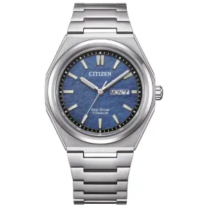 Ανδρικό ρολόι CITIZEN AW0130-85LE Eco Drive Ttitanium με γαλάζιο καντράν και ασημί μπρασελέ.