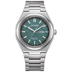 Ανδρικό ρολόι CITIZEN AW0130-85XE Eco Drive Ttitanium με πράσινο καντράν και ασημί μπρασελέ.