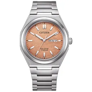 Ανδρικό ρολόι CITIZEN AW0130-85ZE Eco Drive Ttitanium με πορτοκαλί καντράν και ασημί μπρασελέ.