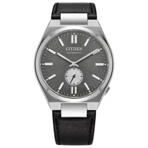 Ανδρικό ρολόι CITIZEN NK5010-01H Tsuyosa Automatic από ανοξείδωτο ατσάλι με γκρι καντράν και μαύρο δερμάτινο λουράκι.