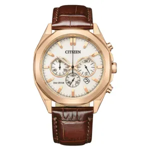 Ανδρικό ρολόι CITIZEN CA4593-15A Eco Drive από ανοξείδωτο ατσάλι με λευκό καντράν και καφέ δερμάτινο λουράκι.