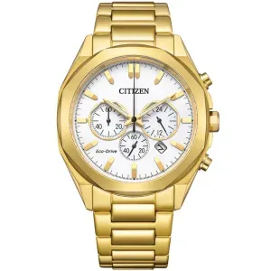 Ανδρικό ρολόι CITIZEN CA4592-85A Eco Drive από ανοξείδωτο ατσάλι με λευκό καντράν και χρυσό μπρασελέ.