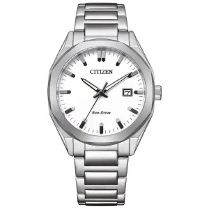 Ανδρικό ρολόι CITIZEN BM7620-83A Eco Drive από ανοξείδωτο ατσάλι με λευκό καντράν και ασημί μπρασελέ.