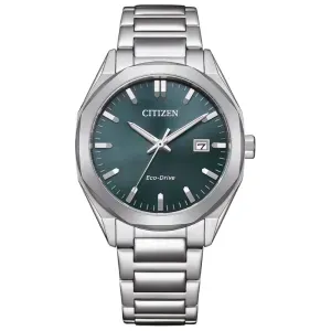 Ανδρικό ρολόι CITIZEN BM7620-83X Eco Drive από ανοξείδωτο ατσάλι με πράσινο καντράν και ασημί μπρασελέ.