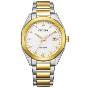 Ανδρικό ρολόι CITIZEN BM7624-82A Eco Drive από ανοξείδωτο ατσάλι με λευκό καντράν και ασημί-χρυσό μπρασελέ.