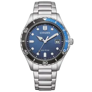 Ανδρικό ρολόι CITIZEN AW1821-89L Eco Drive από ανοξείδωτο ατσάλι με μπλε καντράν και ασημί μπρασελέ.